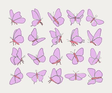 Pembe Kelebek Vektör Koleksiyonu. Çeşitli pozlardaki pembe kelebeklerin basit, minimalist çizimleri. Zarif ve narin kelebek grafiklerine ihtiyaç duyan tasarımlar için ideal..