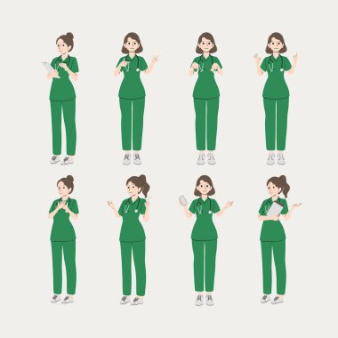 Hemşireler çeşitli görevler yerine getiriyorlar. Profesyonel düz çizgi film tarzında resmedilmiş. Tıbbi ve sağlık tasarımları için ideal.