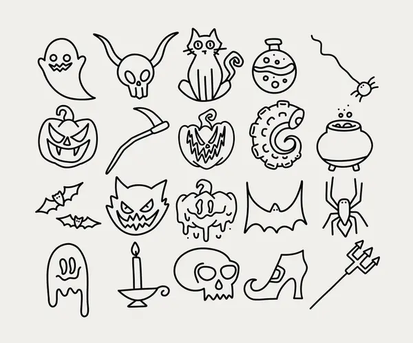 Cadılar Bayramı Ürkütücü Doodle Simgeleri. Hayaletler, balkabakları ve kafatasları gibi ürkütücü elementler el yapımı. Cadılar Bayramı temalı tasarım ve projeleri geliştirmek için mükemmel.