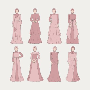 Pembe Elbiseli Mütevazı Moda Çizimi. Dokuz eşsiz elbise dizaynı yumuşak pembe tonlarda ve tesettüre sahip. Mütevazı moda eğilimleri ve tasarım ilhamı sergilemek için ideal..