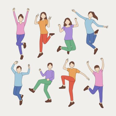 Bir grup çizgi film karakteri neşeyle zıplıyor. Minimalist stil, yüzsüz figürler, çeşitli pozlar. Eğitsel veya promosyon materyallerinde neşe, heyecan veya enerjik takım çalışmalarını göstermek için idealdir.