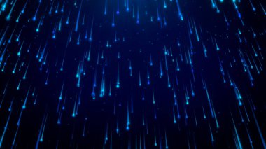 Düşen mavi ışık yolları. Karanlık bir arkaplanda meteor yağmuruna benzeyen parlak ışık çizgilerine sahip soyut tasarım. Teknoloji temaları, fütüristik tasarımlar ve dijital sanat arkaplanları için ideal.