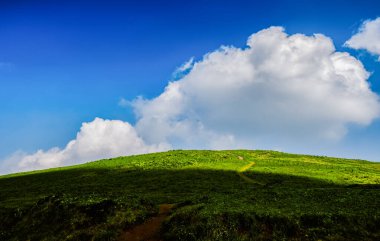 Güzel yuvarlanan tepeler kısmen bulutlarla kaplı güneşli bir günde, mavi gökyüzü ve tüylü bulutlarla.