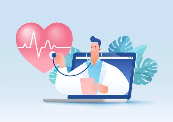 Online Lékařská Konzultace Koncepcí Kardiologické Péče Doktor Stetoskopem Zkoumá Srdce Stock Vektory