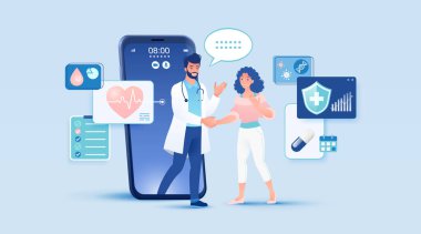 Telemedicine concept vector illustration. Female patient seeing doctor using internet online technology through smart devices.