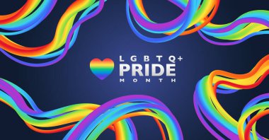 LGBTQ PRIDE month banner for festival parades, parties, and social events. Abstract Rainbow 3D wave objects on dark background. Vector illustration template. clipart