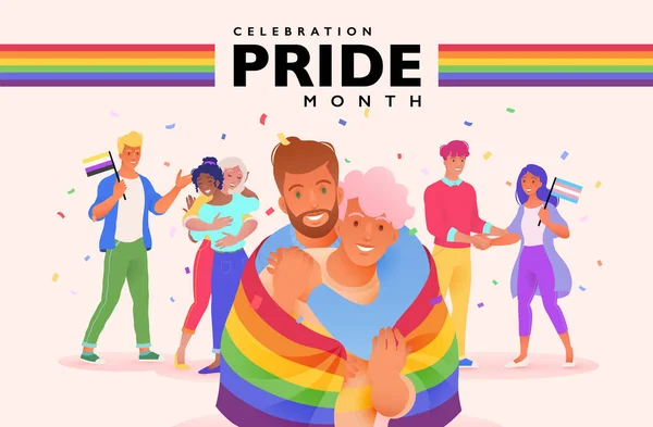 与支持男女同性恋 双性恋和变性者权利和运动的不同人士共同庆祝Pride月 节日游行 聚会和社会活动的媒介说明模板 — 图库矢量图片