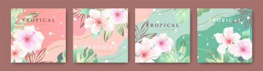 Tropik çiçekli ve soyut arka planda bitkilerle hazırlanmış tropik kare kartlar. Moda, reklam, poster, grafik baskı, satış ve sosyal medya için vektör illüstrasyon şablonları
