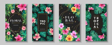 Siyah arka planda tropikal çiçekler ve bitkiler bulunan tropik ve çiçekli bir kart. Moda, reklam, poster, grafik baskı, satış ve sosyal medya hikayeleri için vektör illüstrasyon şablonları