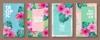 Tropikal çiçek ve yapraklarla modern yaz arkaplan şablonu. Moda, reklam, poster, grafik baskı, satış ve sosyal medya hikayeleri için vektör illüstrasyon şablonları