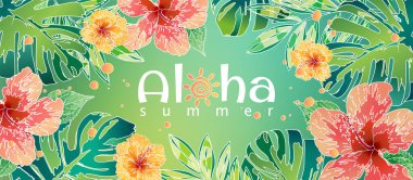 Batik tarzında yeşil arka planda amber çiçekleri ve tropikal yapraklarla süslenmiş Aloha yaz afişi. Moda reklamları için şablon, yatay poster, grafik baskı, web sitesi ve sosyal medya