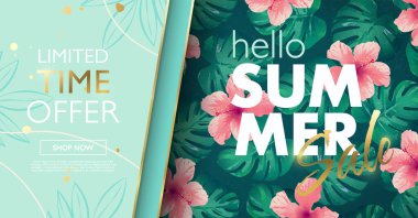 Merhaba Yaz Satışı reklam şablonu tropikal çiçekler ve kağıt kesim tarzında renkli yeşil arka planda yapraklar. Vektör illüstrasyonu