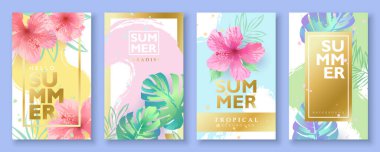 Tropikal çiçekli ve yapraklı yaz arkaplan şablonu. Vektör illüstrasyonu