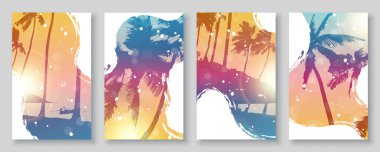 Yaz gündoğumu plajı arka planında palmiye ağaçları ve fırça darbeleri var. Vektör illüstrasyonu