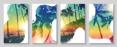 Yaz günbatımı plajı arka planında palmiye ağaçları ve fırça darbeleri var. Vektör illüstrasyonu