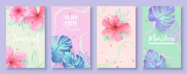Tropikal arka planlar, arkaplan çiçekleri ve tropikal yapraklarla süslenmiş soyut arkaplanlar. Moda reklamları, posterler, afişler ve sosyal medya içerikleri için vektör illüstrasyonu