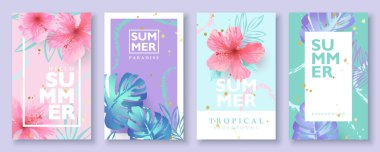 Yaz aylarının arka planlarında, arkaplan çiçekleri ve tropikal yapraklarla süslenmiş soyut arkaplanlar. Moda reklamları, posterler, afişler ve sosyal medya içerikleri için vektör illüstrasyonu