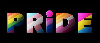 Gururlu metin afişi. Siyah arka planda LGBTQIA cinsel kimlik gurur bayrakları olan 3D tipografi. Vektör şablonu arka planı