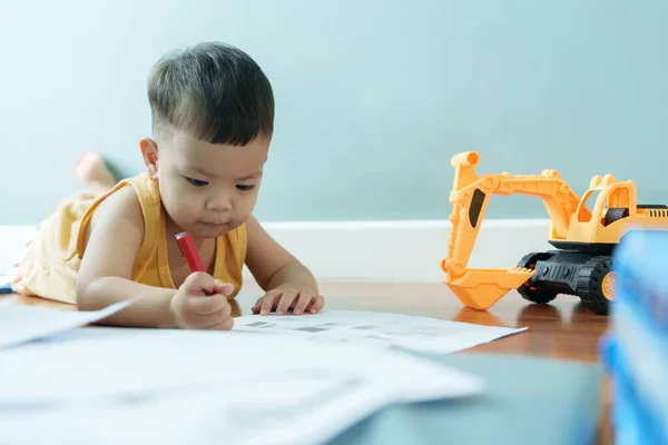 Little Asian Child Boy Lying Floor Drawing Pencil — Stock Photo, Image