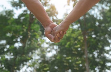 Doğa parkının arka planında el ele tutuşan kıdemli çift. Sevgilim, sevgilim..