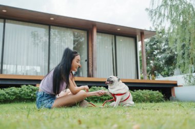 Genç bir Asyalı kadın ve onun Pug köpeği arasında yeşil bahçe ortamında neşeli bir etkileşim