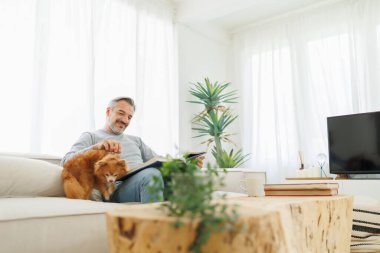 Gülümseyen son sınıf öğrencisi, kitap ve Chihuahua köpeği ile rahat bir oturma odasında vakit geçirmekten hoşlanıyor.