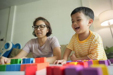 Mutlu Asyalı anne ve küçük oğlu renkli ahşap bloklarla eğlenceli ve eğitici bir etkinlikle eğleniyor.