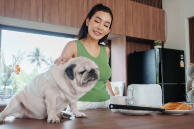 Kolsuz, yeşil tişörtlü, mutlu Asyalı bir kadın köpeğini tezgahın üzerinde kahvaltı malzemeleriyle aydınlık bir mutfakta okşuyor..
