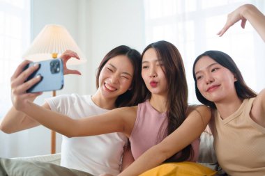 Üç genç kadının eğlenceli bir özçekim yapan arkadaşlığı. Gülümseyen genç kızlar komik suratlar ve jestler yapıyor, oturma odasında neşeli bir bağ anının tadını çıkarıyorlar..