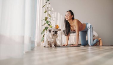 Neşeli Asyalı kadın yoga sekansında ineklere poz veriyor. Yanında da güneş görmüş bir köpek var. Sağlığını ve sağlığını destekliyor.