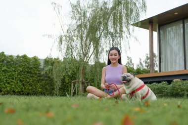 Rahat Asyalı kadın, rahat bir bahçe atmosferinde yeşil çimenlerin üzerinde otururken köpeğiyle bağ kuruyor..