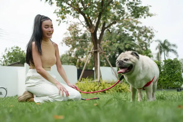 Asyalı bir kadın köpeğinin tasmasını tutarken çimenlerde diz çöküp dışarıda keyifli bir anın tadını çıkarıyor..