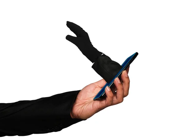A picture of scammer hand come out from smartphone on white background. Call scam concept.
