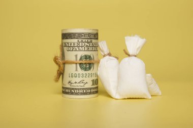 A picture roll of fake money and money bag on yellow background. Time value of money concept.