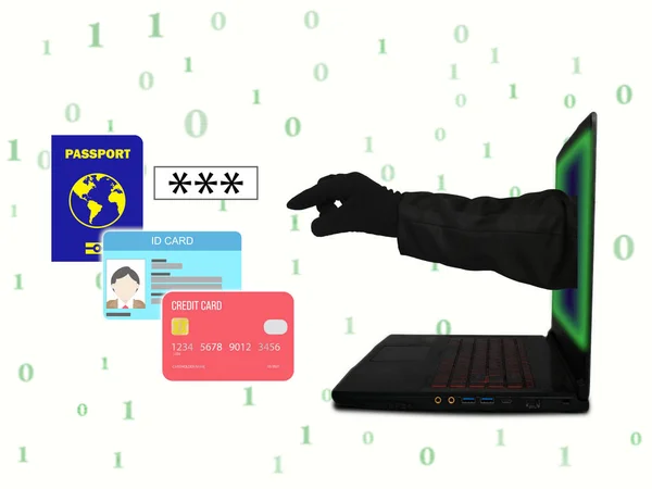 A picture of hacker hand come out from laptop to steal passport, ID card, credit card and password on dark binary code background. Hacker and cybersecurity concept.