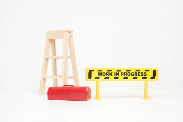 Uma Imagem Caixa Ferramentas Trabalho Sinal Progresso Insight Escada Trabalhos — Fotografia de Stock