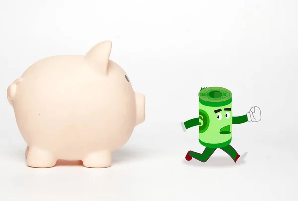 A picture of piggy bank with illustration roll money run away . Bank run concept