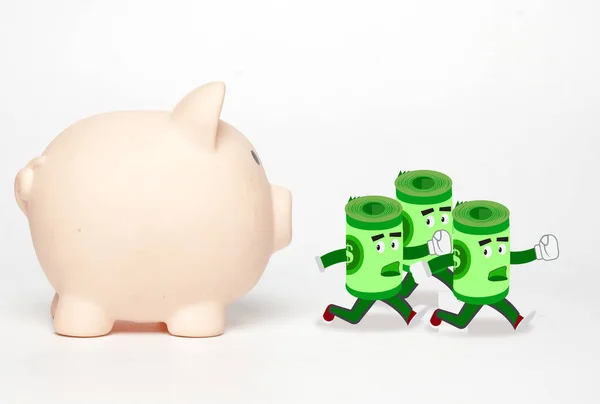 A picture of piggy bank with illustration roll money run away . Bank run concept