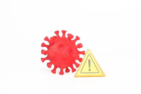 Picture Covid Virus Model Warning Sign White Background — Stock Photo, Image