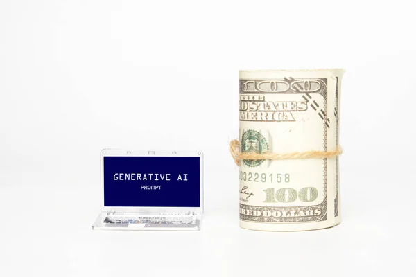 A picture of miniature laptop written Generative AI with Prompt word and fake money. Create image using Artificial Intelligence and make money.