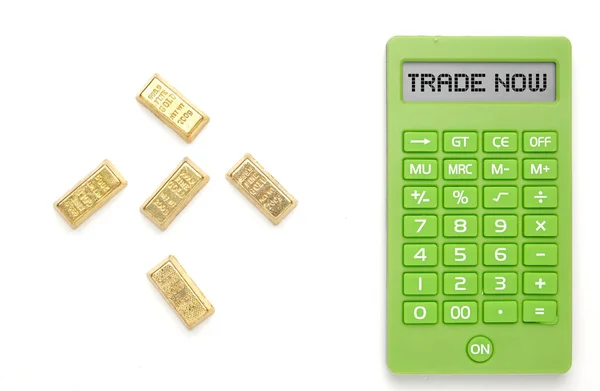 Flatlay Picture Gold Bar Miniature Calculator Written Trade Now White — Stock Photo, Image