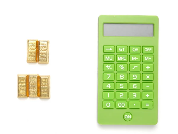 Flatlay Picture Gold Bar Miniature Calculator White Background Invest Trading — Stock Photo, Image