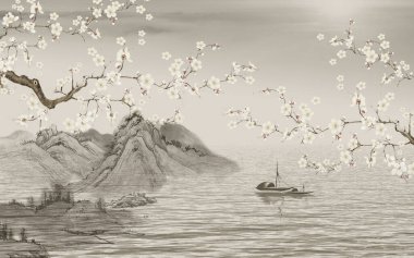 Chinoiserie duvar kağıdı. Göl kenarındaki ağaç. Puslu bir manzara. Japon bahçesinde kuşları olan bir ağaç. Duvar resmi, iç baskı için duvar kağıdı..
