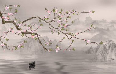 Chinoiserie duvar kağıdı. Göl kenarındaki ağaç. Puslu bir manzara. Japon bahçesinde kuşları olan bir ağaç. Duvar resmi, iç baskı için duvar kağıdı..