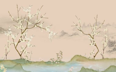 Japon bahçesinde kuşlarla birlikte çiçek açan ağaç. İç baskı için fresk, duvar kağıdı.