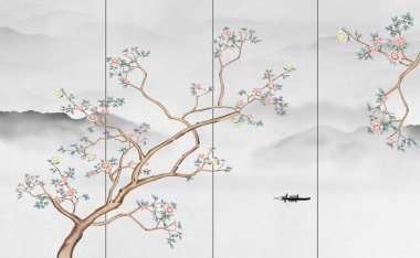 Doğu tarzında güzel bahar çiçekleri. İlkbaharda kiraz çiçekleri açar. Duvar kağıdı tasarımı.