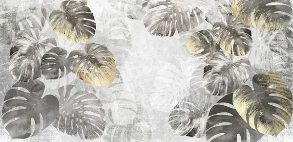 Monstera leaves gold with concrette background wallpaper