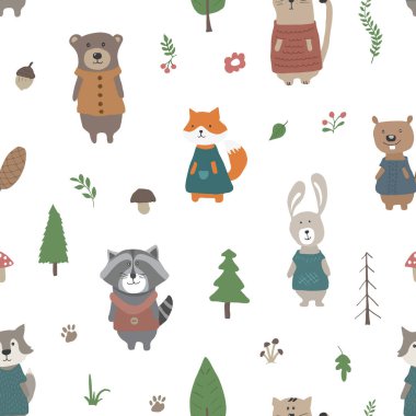 Cute animals Seamless pattern. Cartoon Animals in forest background. Vector illustration. clipart