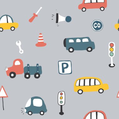 Cute Cars Seamless Pattern, Cartoon transportation Doodles Background, vector Illustration. clipart