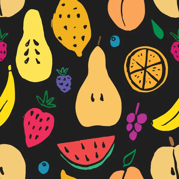 Fruit Seamless Pattern Collection Juicy Fruits Apple Pear Strawberry Orange — Stock Vector